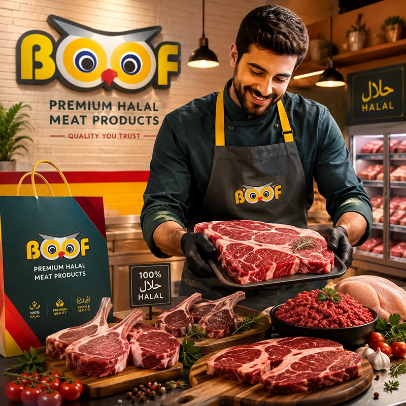 Boof butcher presenting fresh halal beef in the shop