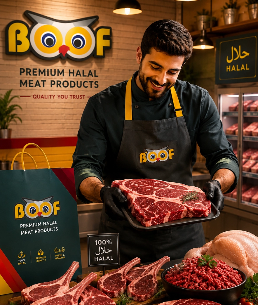Boof butcher holding fresh halal meat in the shop