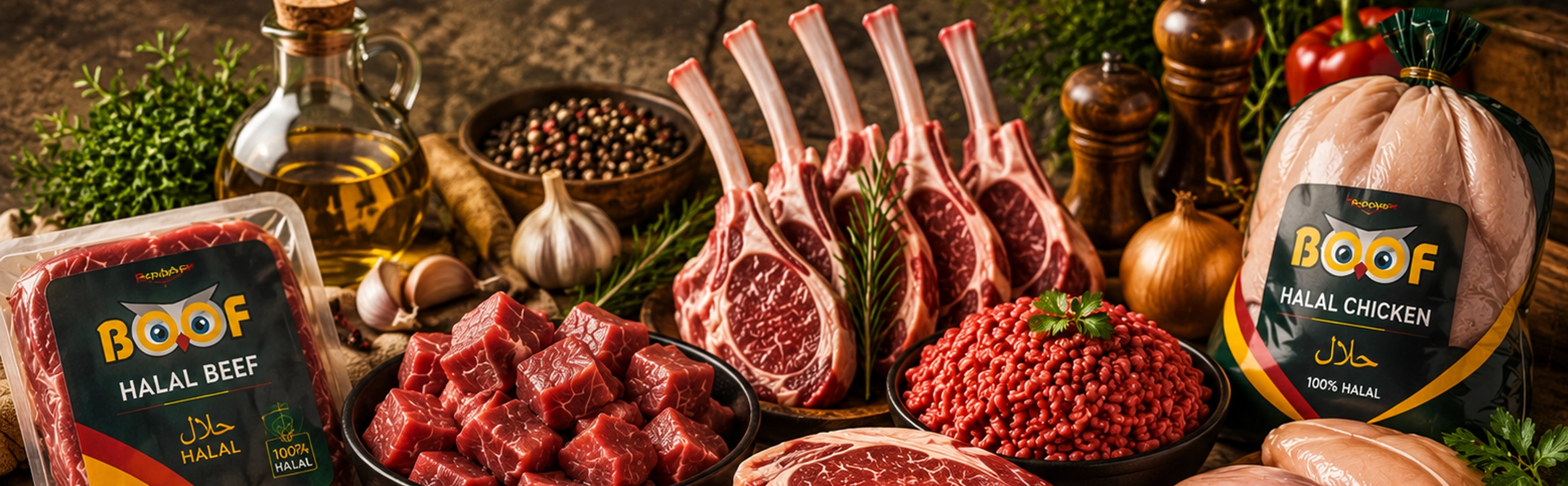 Lamb racks, beef cubes and Boof halal products on a rustic table