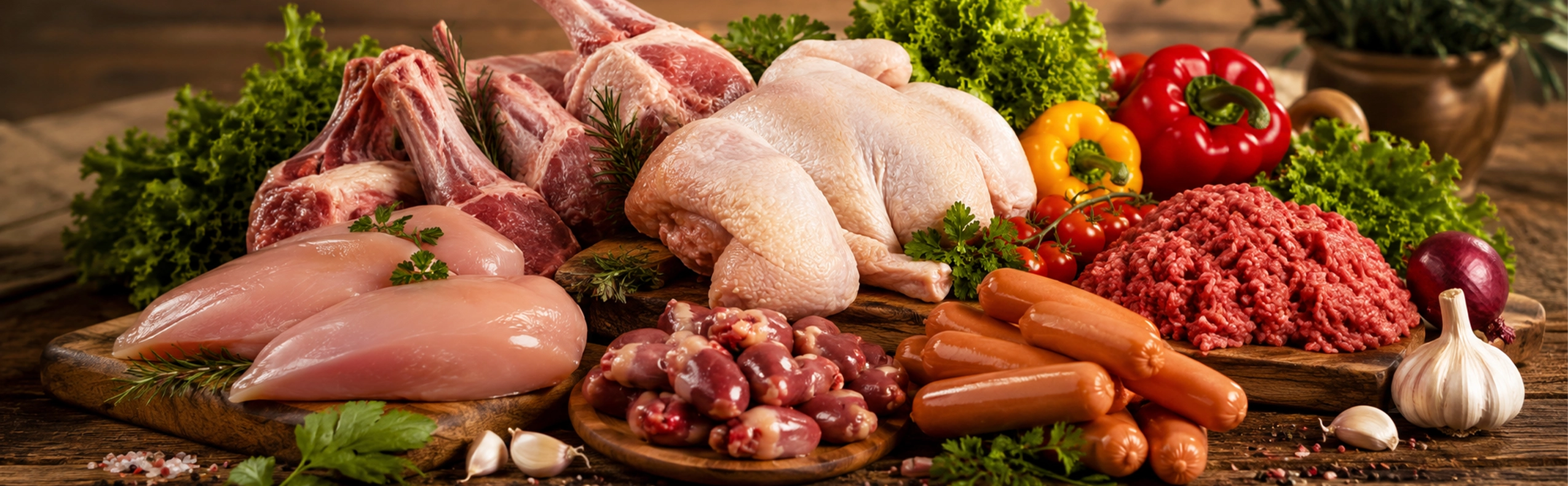 Fresh halal chicken, lamb and sausages with vegetables