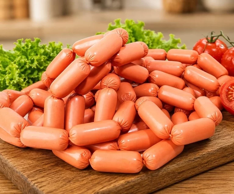 Boof halal beef cocktail sausages on a wooden board