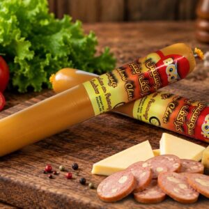 سوسیس کراکف پنیری بوف همراه با برش‌های سوسیس و پنیر روی تخته چوبی