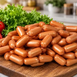 Boof Smoked Beef Cocktail sausages on a cutting board