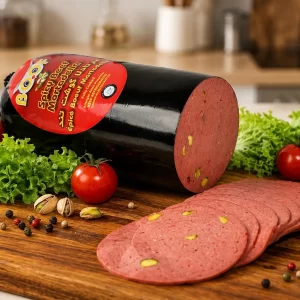 Boof Spicy Beef Mortadella with pistachio, sliced